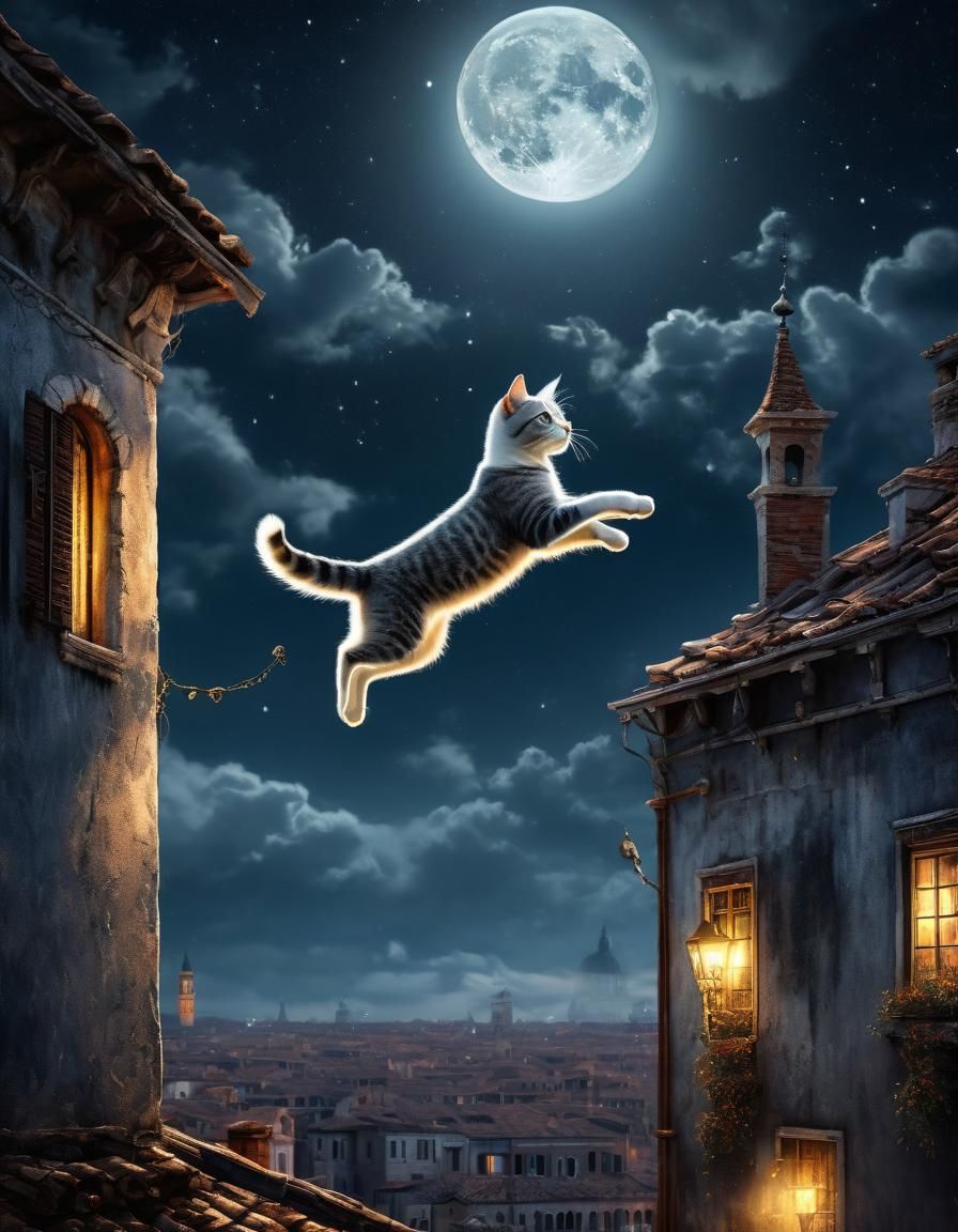 Silver Cat Leaps to Moon Over Venice: Fantasy Art