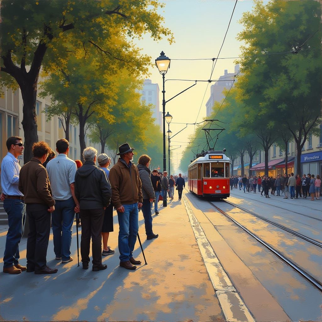 Summer Evening Tram Station, Impressionistic Style