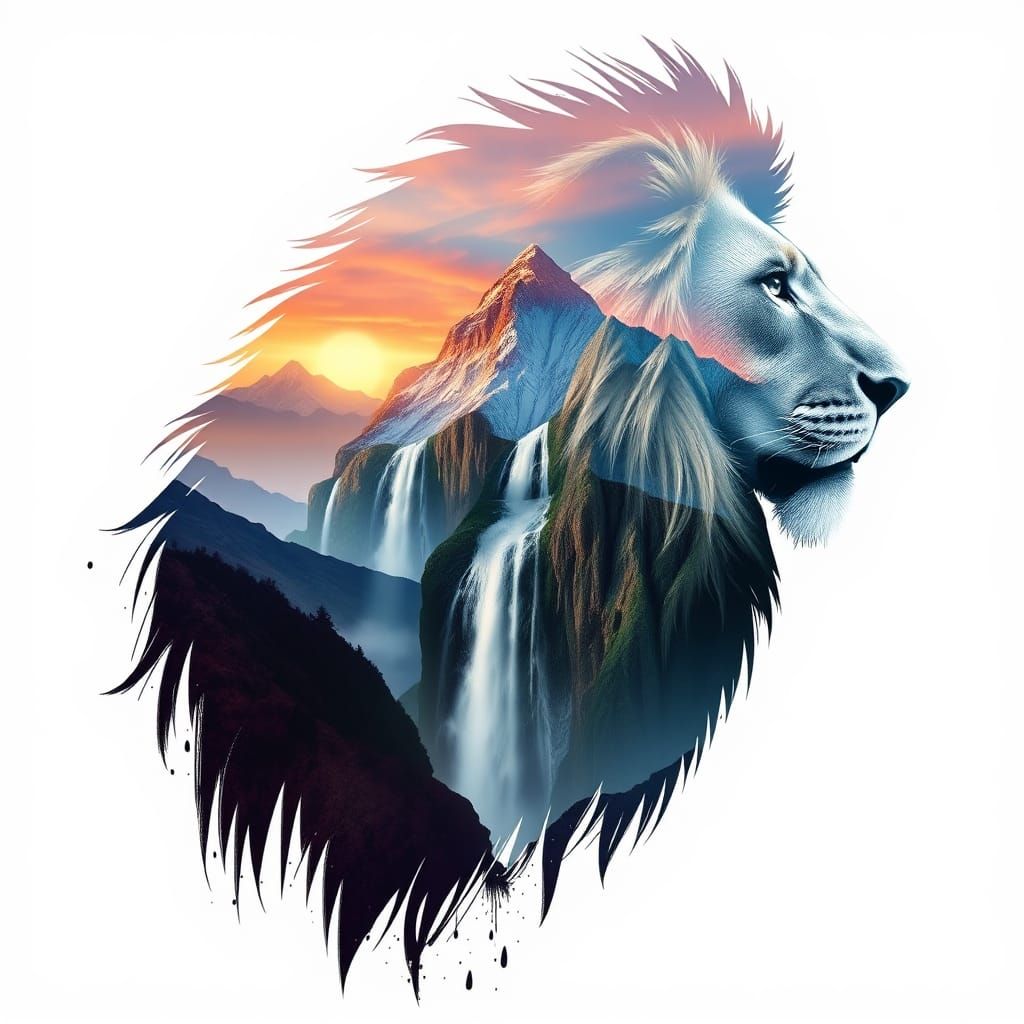 Lion Silhouette Mountain Waterfall: Hyperrealistic Splash Ar...