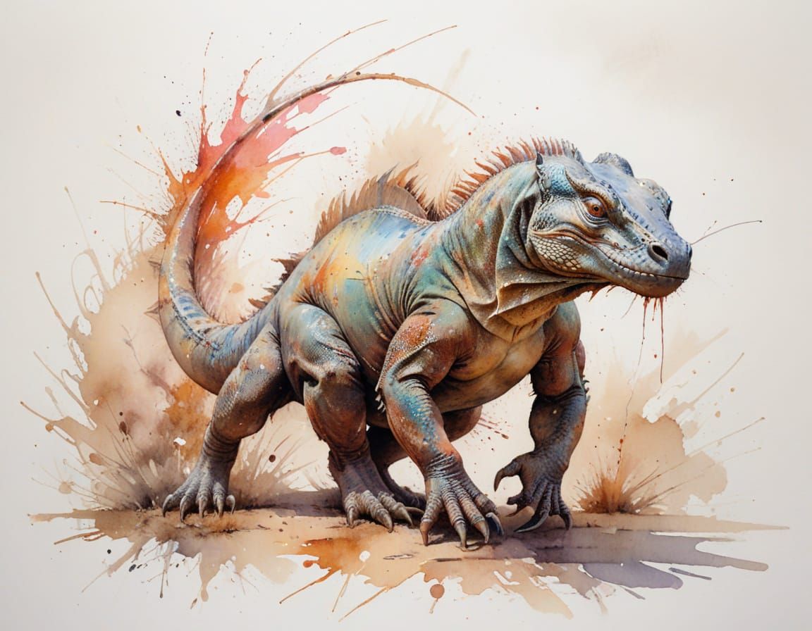 Komodo Dragon Lunging in Watercolour Savannah