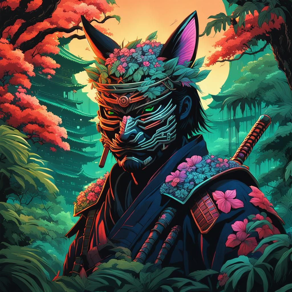 Samurai in Jungle with Neon Glow, Hyperrealistic