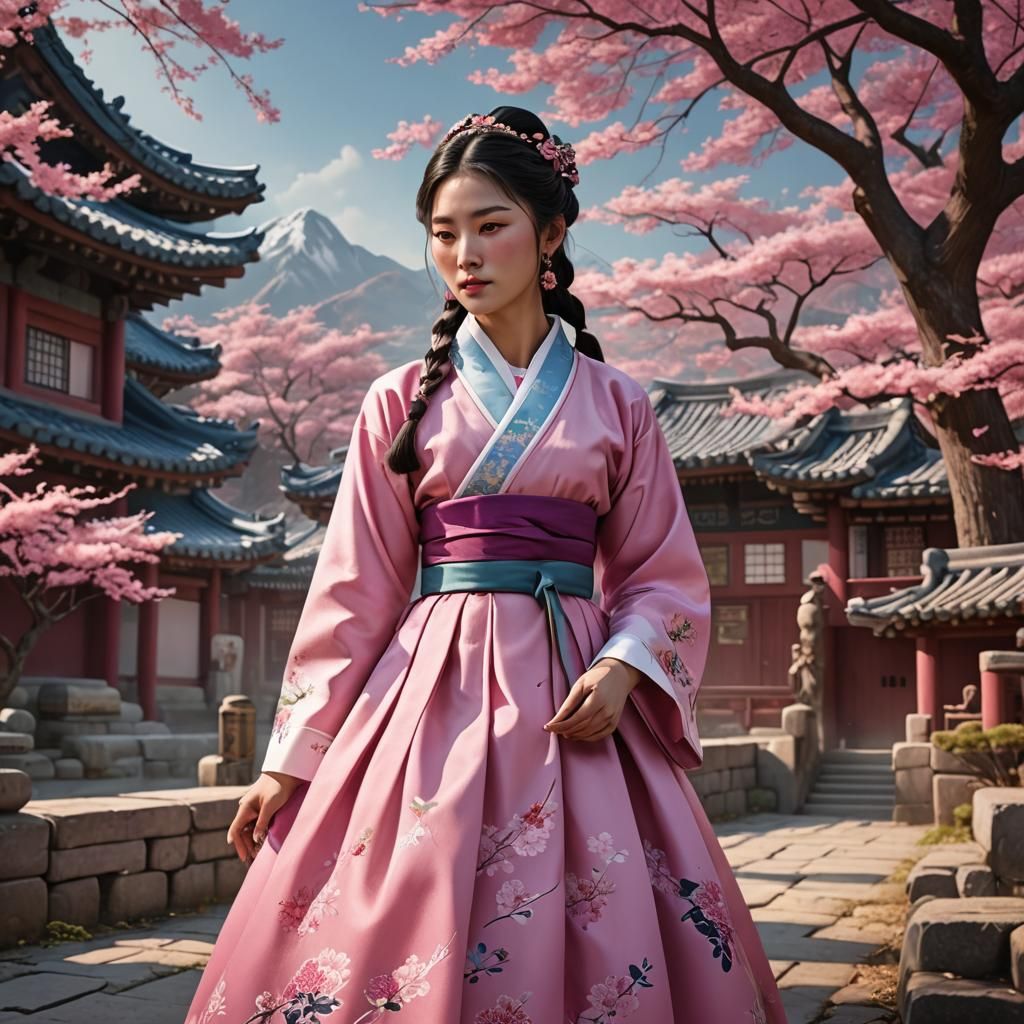 Beautiful Korean Woman in Pink Hanbok
