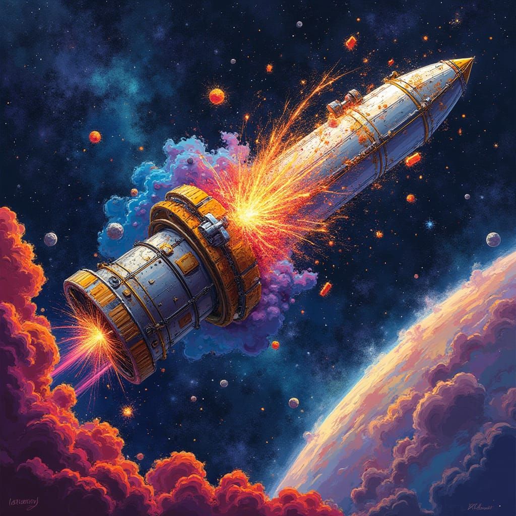 Vibrant Space Debris Removal Satellite in Futuristic Graffit...