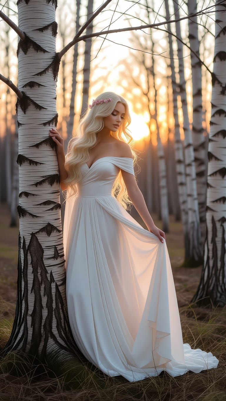Enchanted Dawn: Blonde Goddess Emerges from Birch Tree in My...