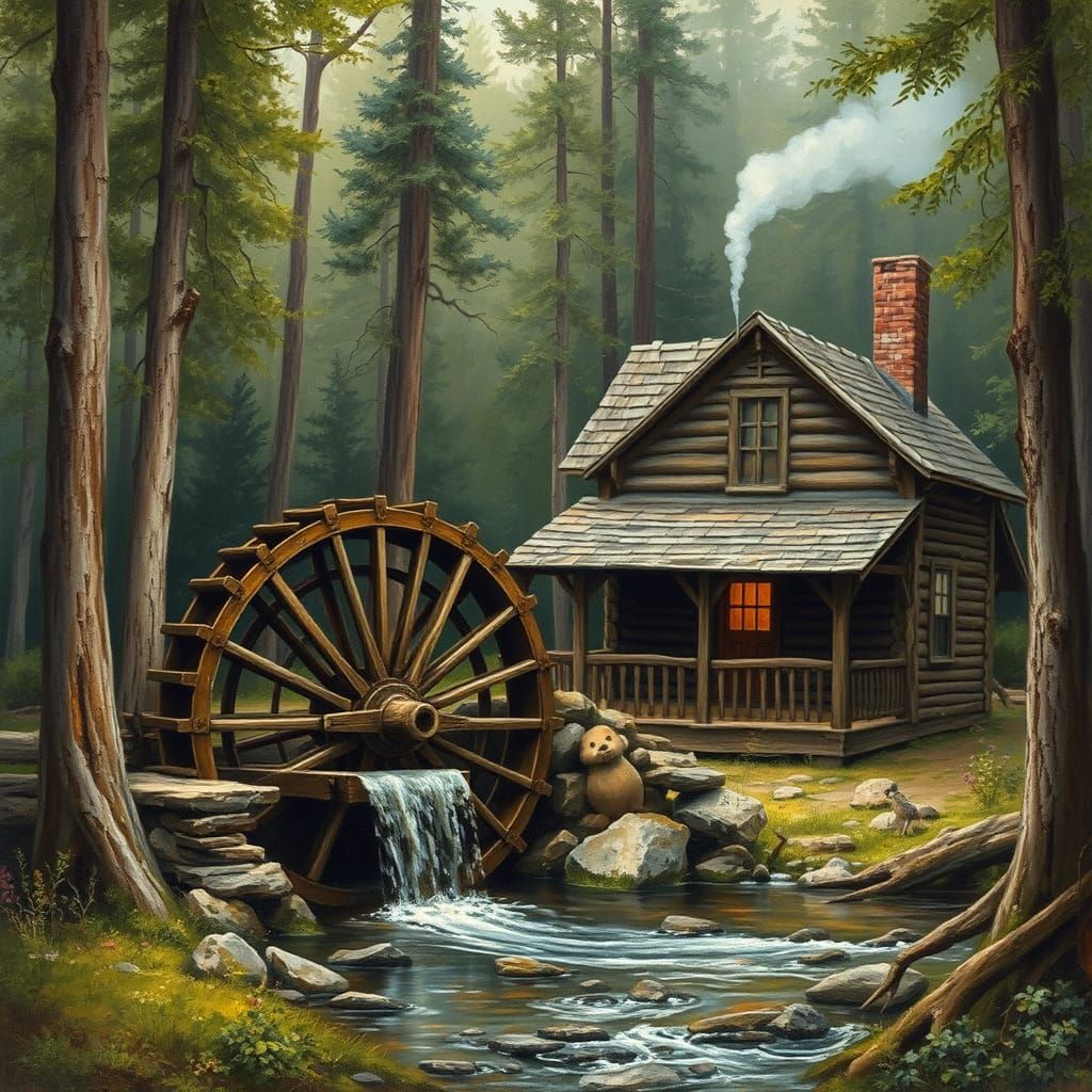 Rustic Waterwheel in a Peaceful 19th-Century Landscape