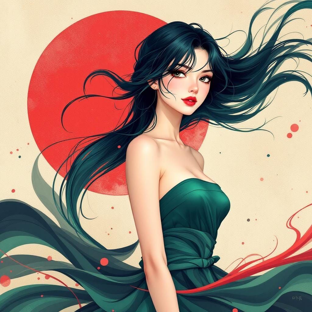 Elegant Woman with Flowing Hair in Anime Style