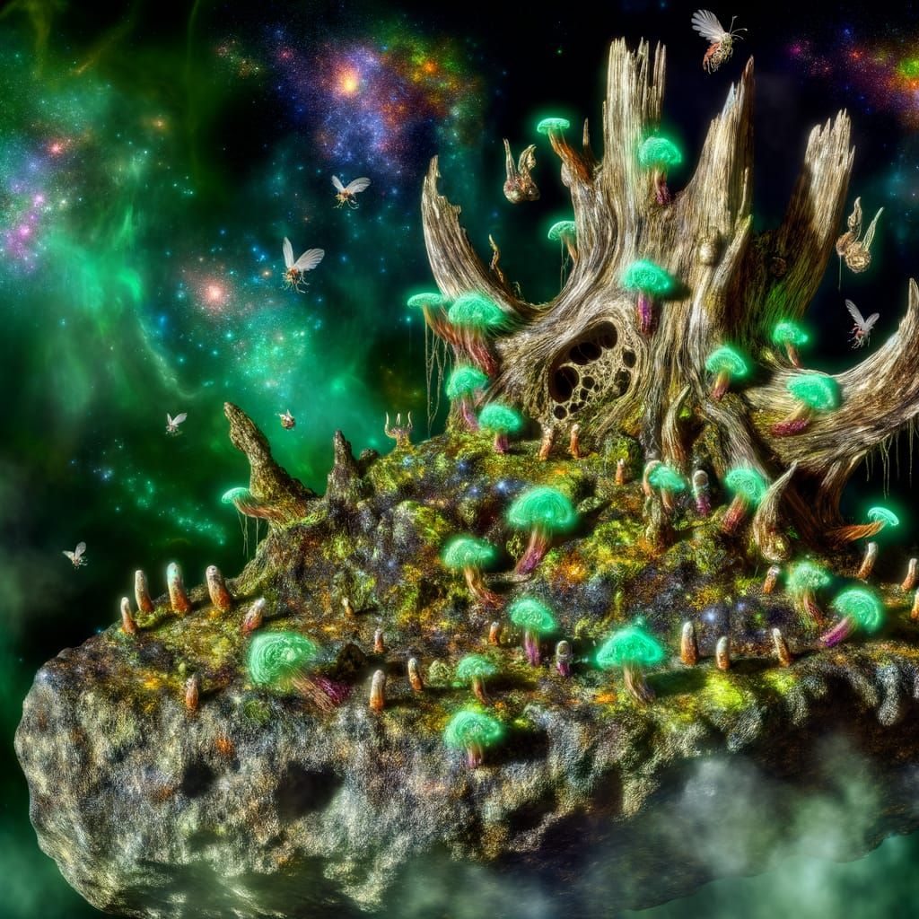 Alien Tree Stump Asteroid in Cosmic Nebula