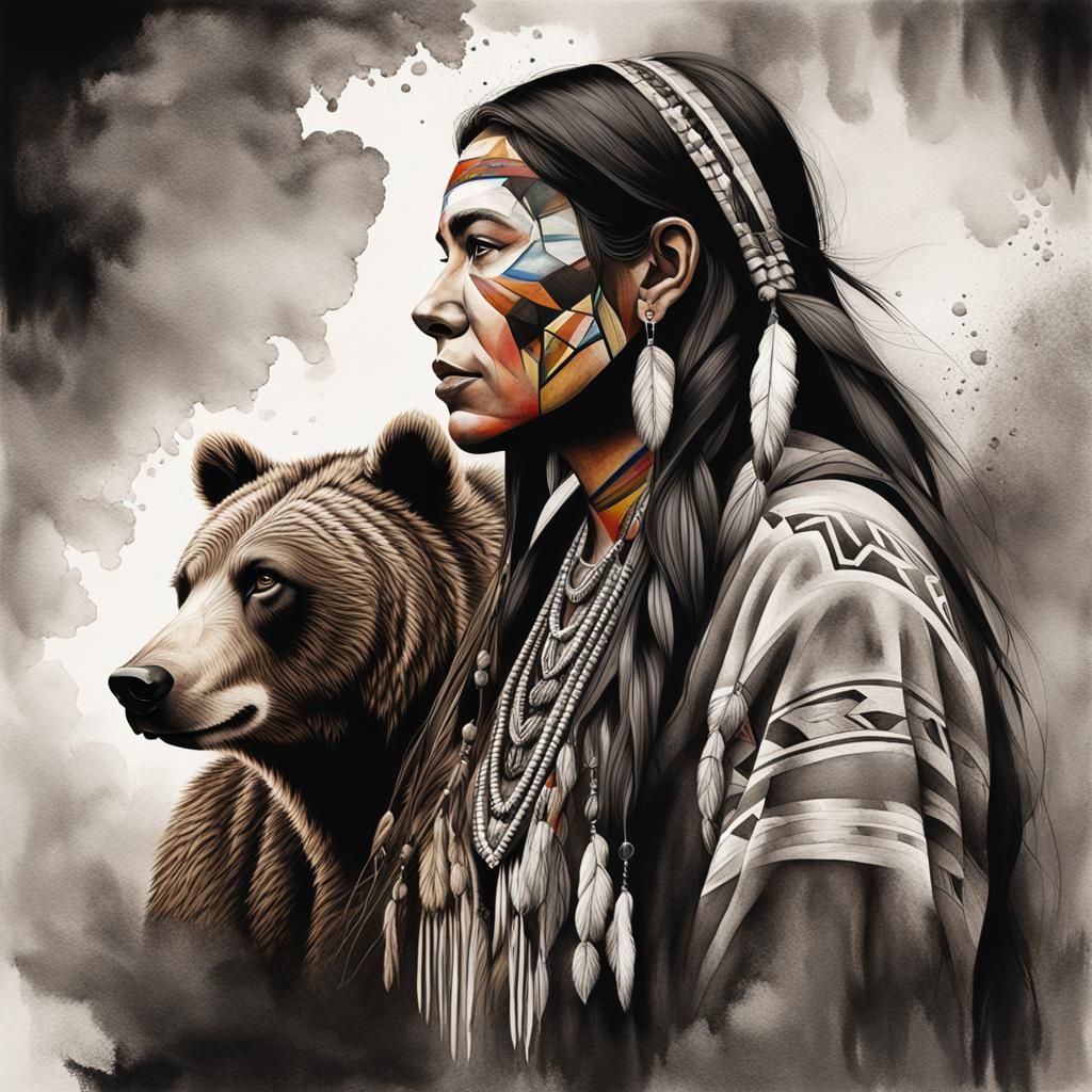 Hybrid Native American Woman in Watercolor Style