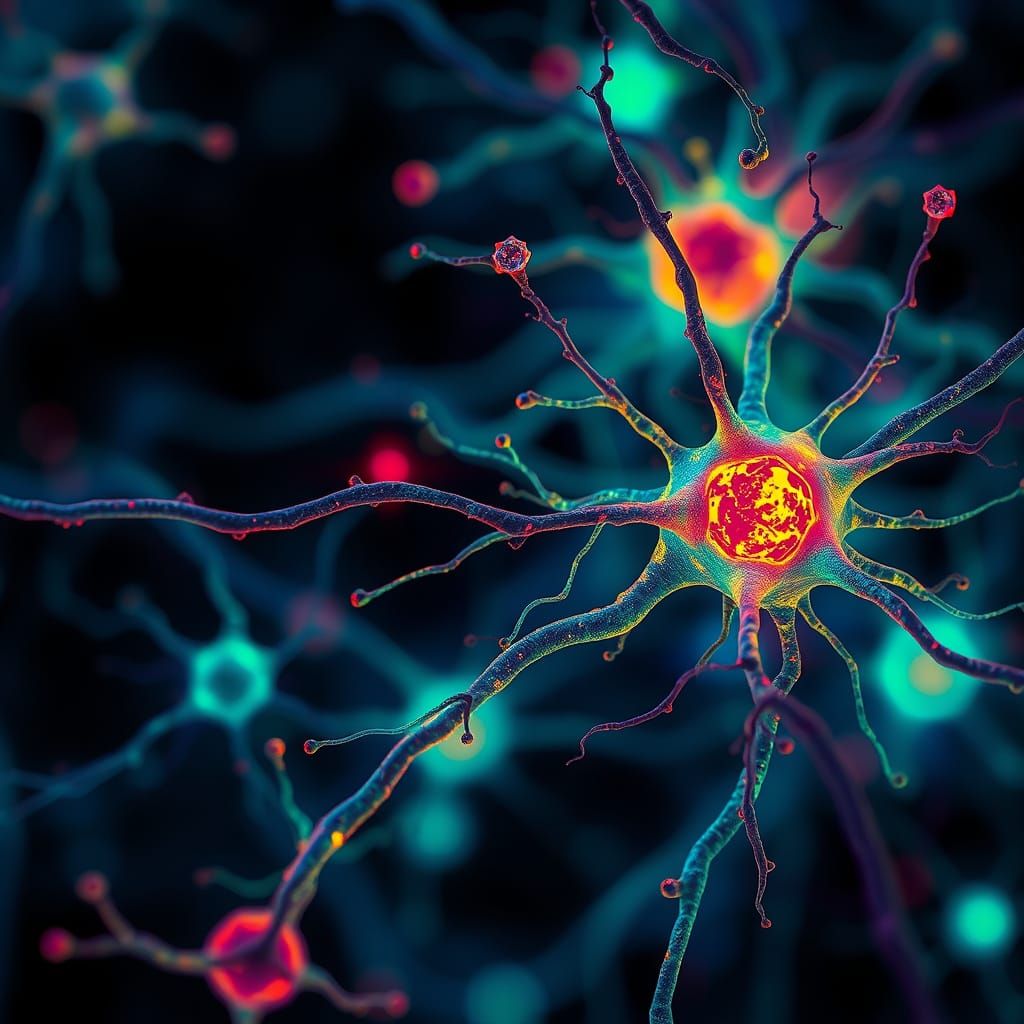 Glowing Neurons and BDNF Molecules in Sci-Fi Style