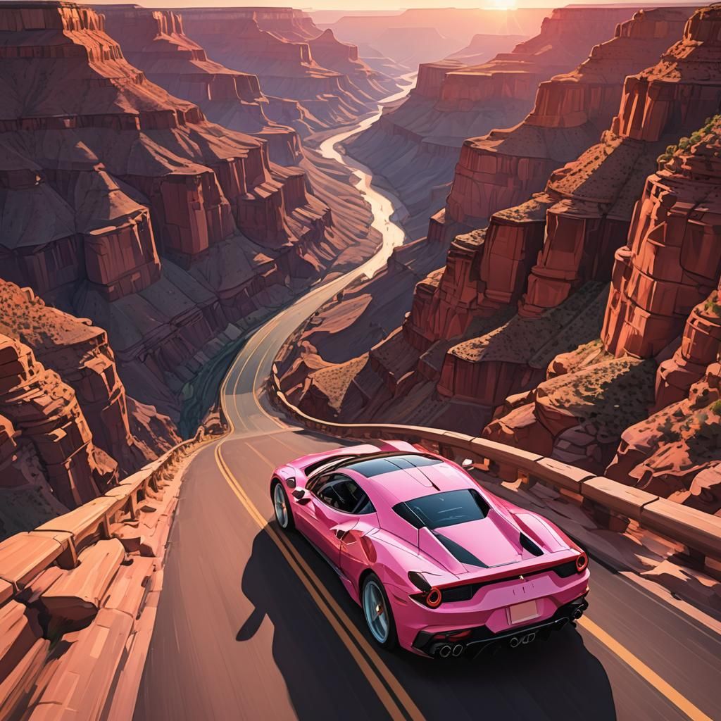 Pink Ferrari Races Through Grand Canyon in Anime Style