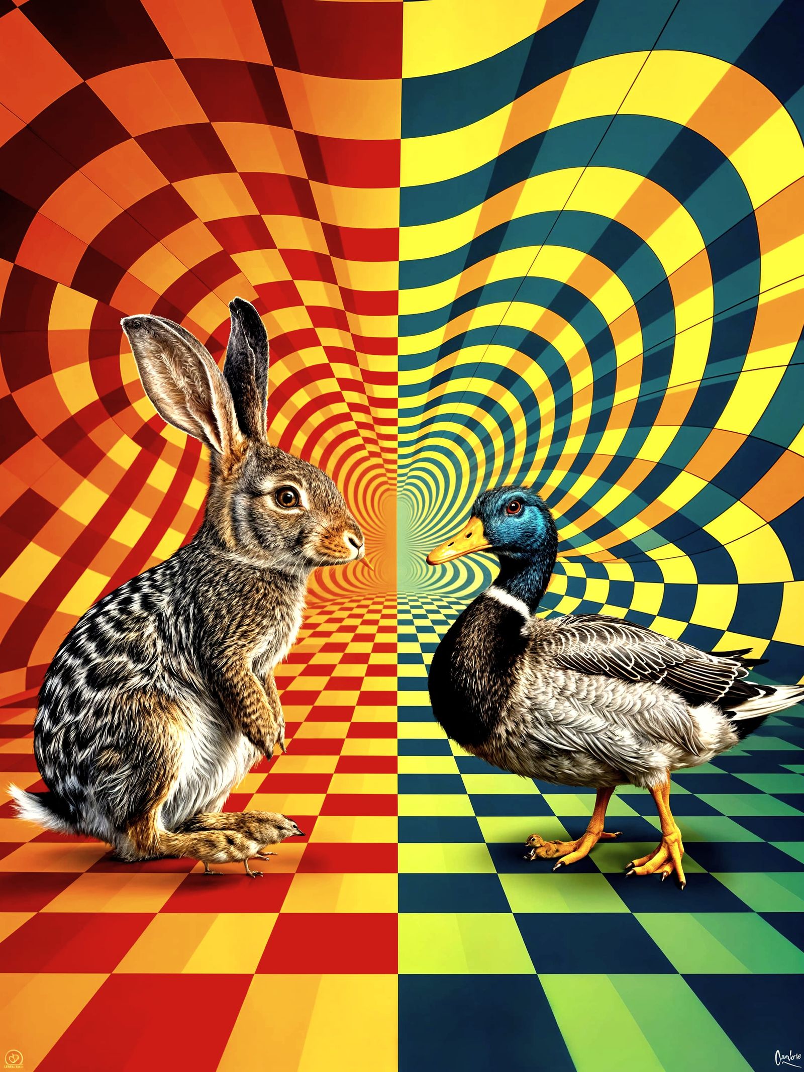 Rabbit and Duck Optical Illusion in Contrasting Colors