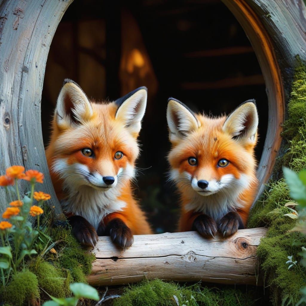 Two Adorable Red Fox in a Whimsical Forest Scene