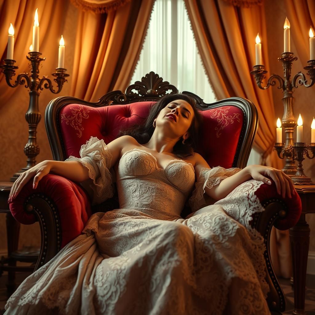 Emotional Woman in Opulent Boudoir: Dreamlike Art