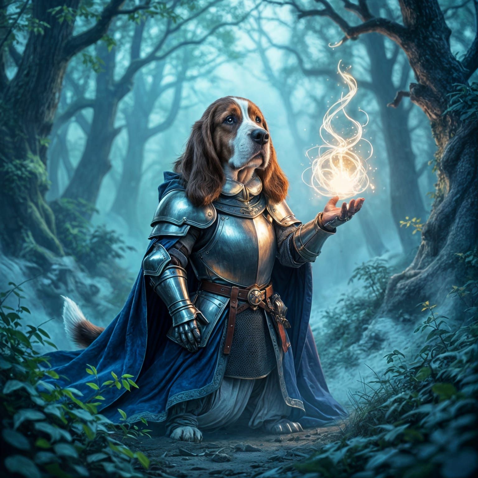 Basset Hound Knight in Enchanted Forest, Epic Fantasy Art