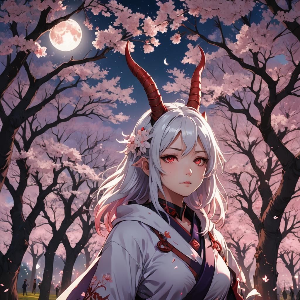 Oni Girl in Cherry Blossom Grove, Anime Style