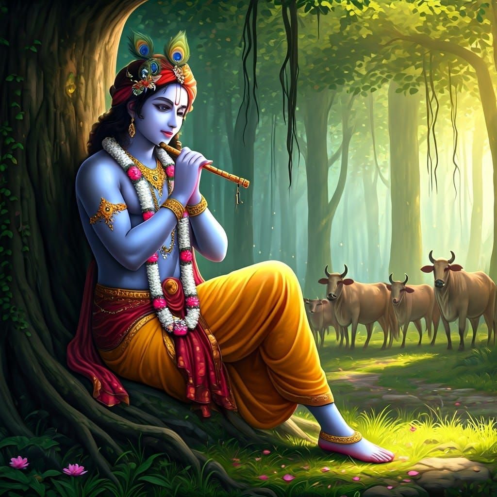 Lord Krishna Missing Radha in Forest, 3D Anime Art