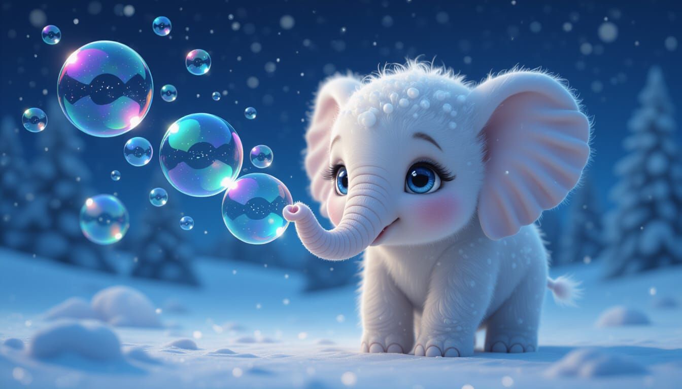 Fluffy Chibi Elephant Blowing Bubbles in CGI