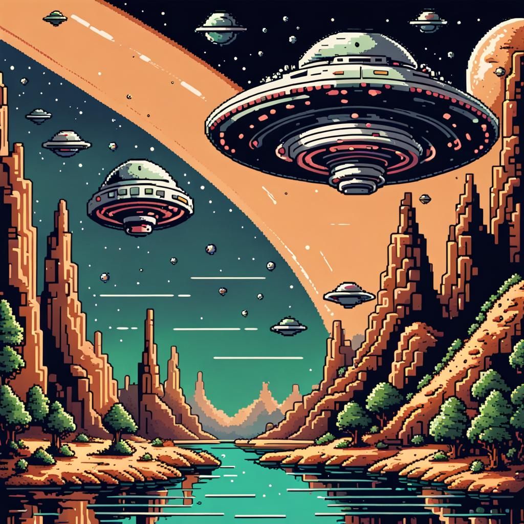 8-bit Pixel Art: Two UFOs Orbiting Moon