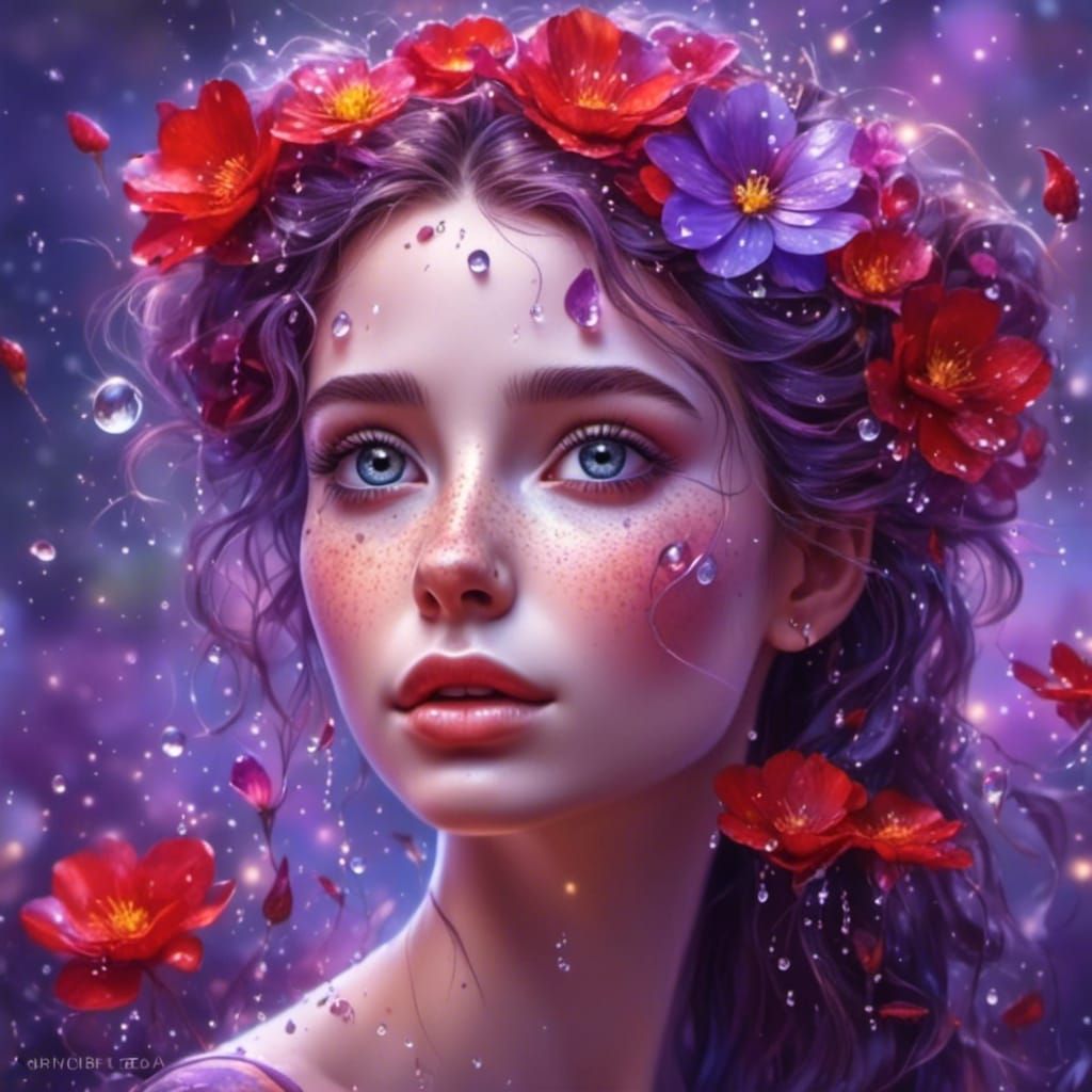 Beautiful Woman with Flowers and Water Droplets