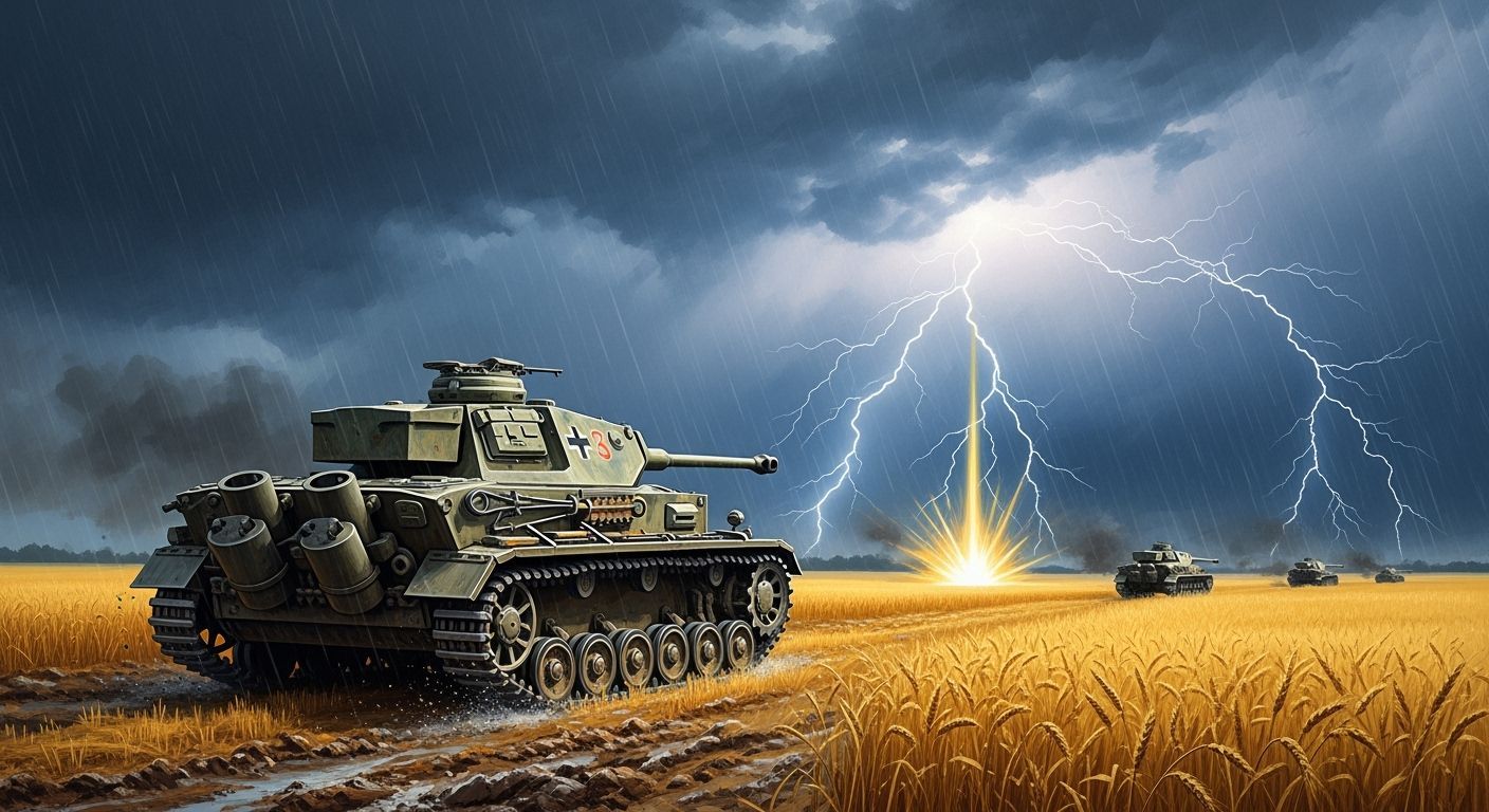 WWII Panzer Tanks in Golden Field Under Stormy Sky