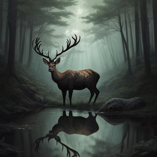 Surreal Deer-Man Reflection in North Carolina Forest
