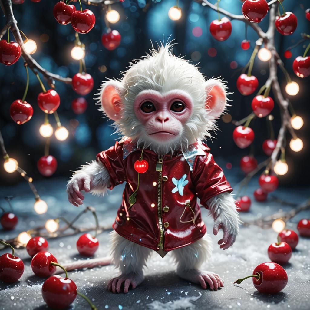 Albino Monkey in Cherry Costume: Surreal Concept Art
