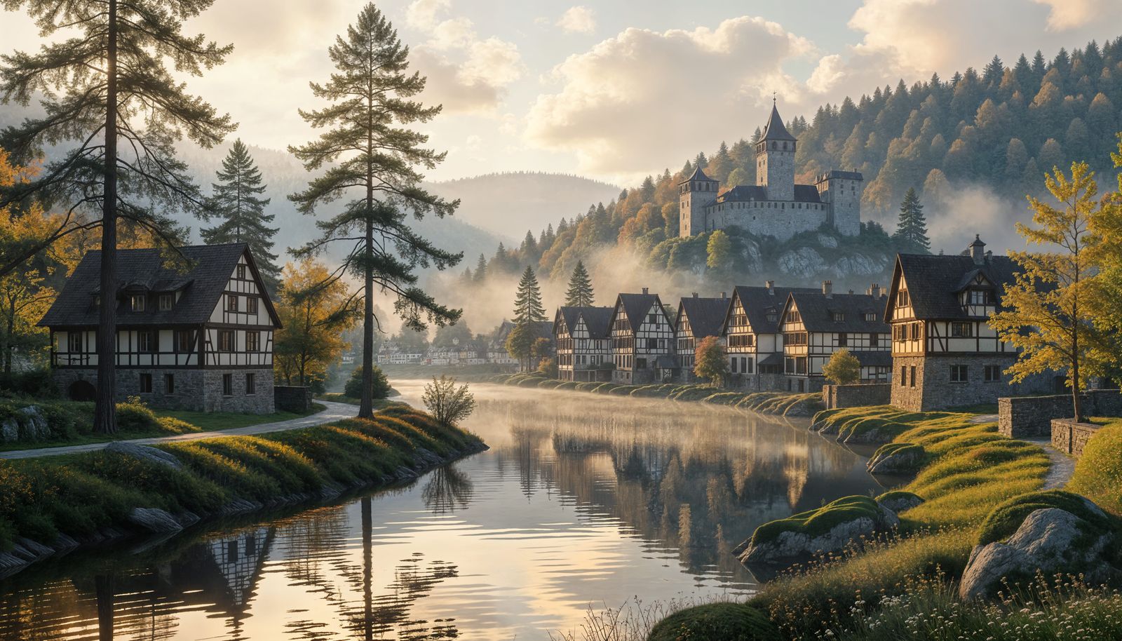 German Forest Landscape with Medieval Village