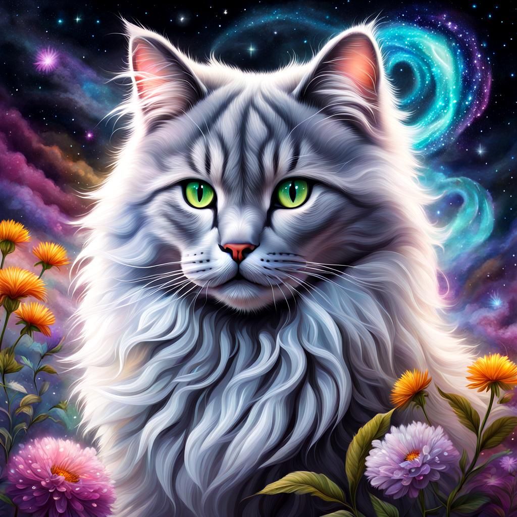 Mystical Fluffy Cat Gazing at Astral Mist, by Amaringo