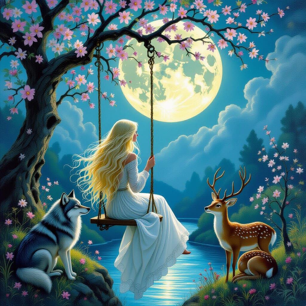 Surreal Summer Night: Woman on Swing with Wolf and Deer