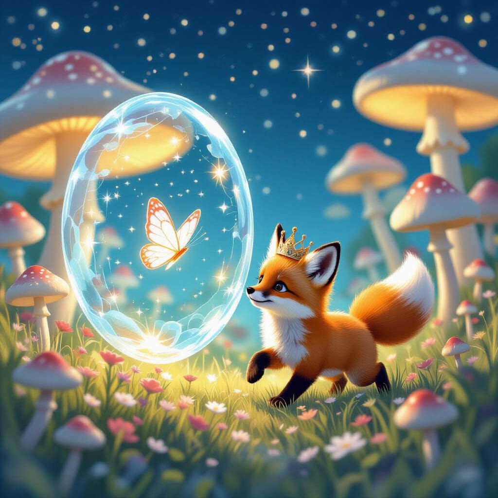 Crowned Fox Cub Chasing Butterfly in Dreamscape