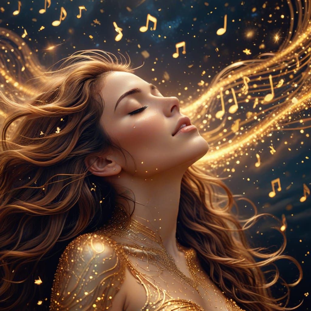 Woman Embraced by Golden Stars and Music Notes
