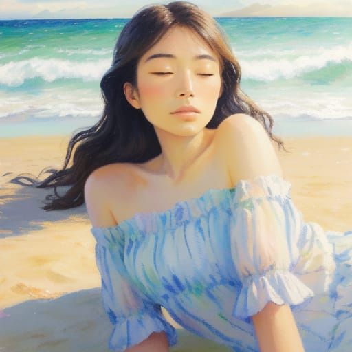 Impressionist Woman Relaxing on Beach in Summer