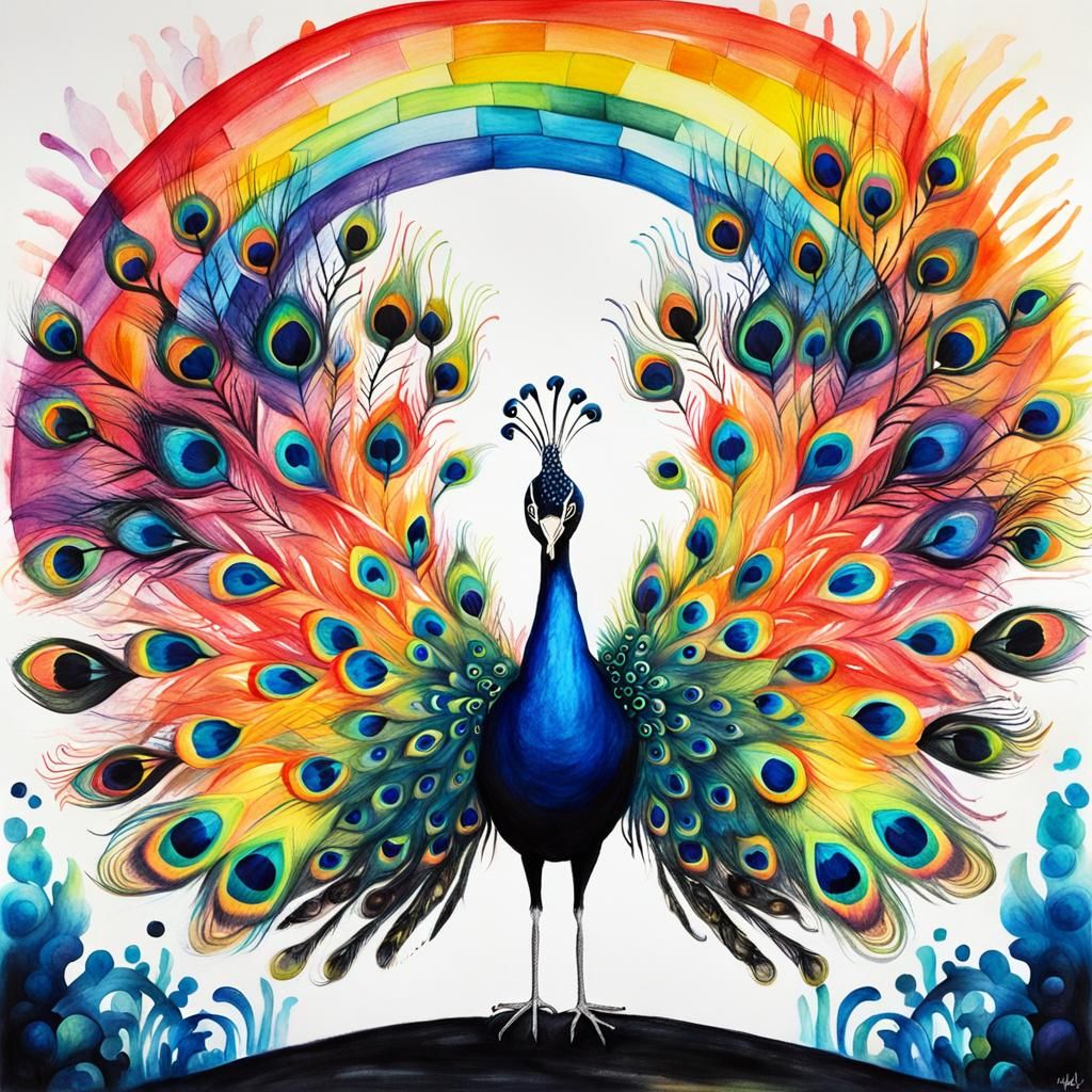 Rainbow Peacock in Surreal Childlike Rayograph Style