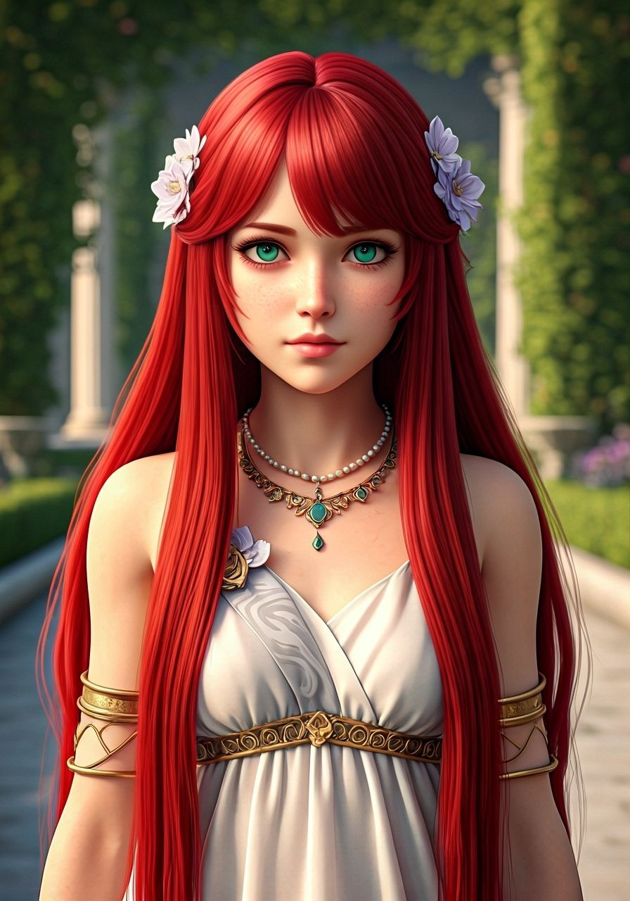 Ancient Greek Woman in Lush Garden, 3D Anime Art