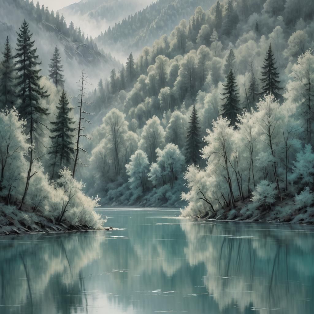 Monochrome Impressionistic Lake with Turquoise Trees