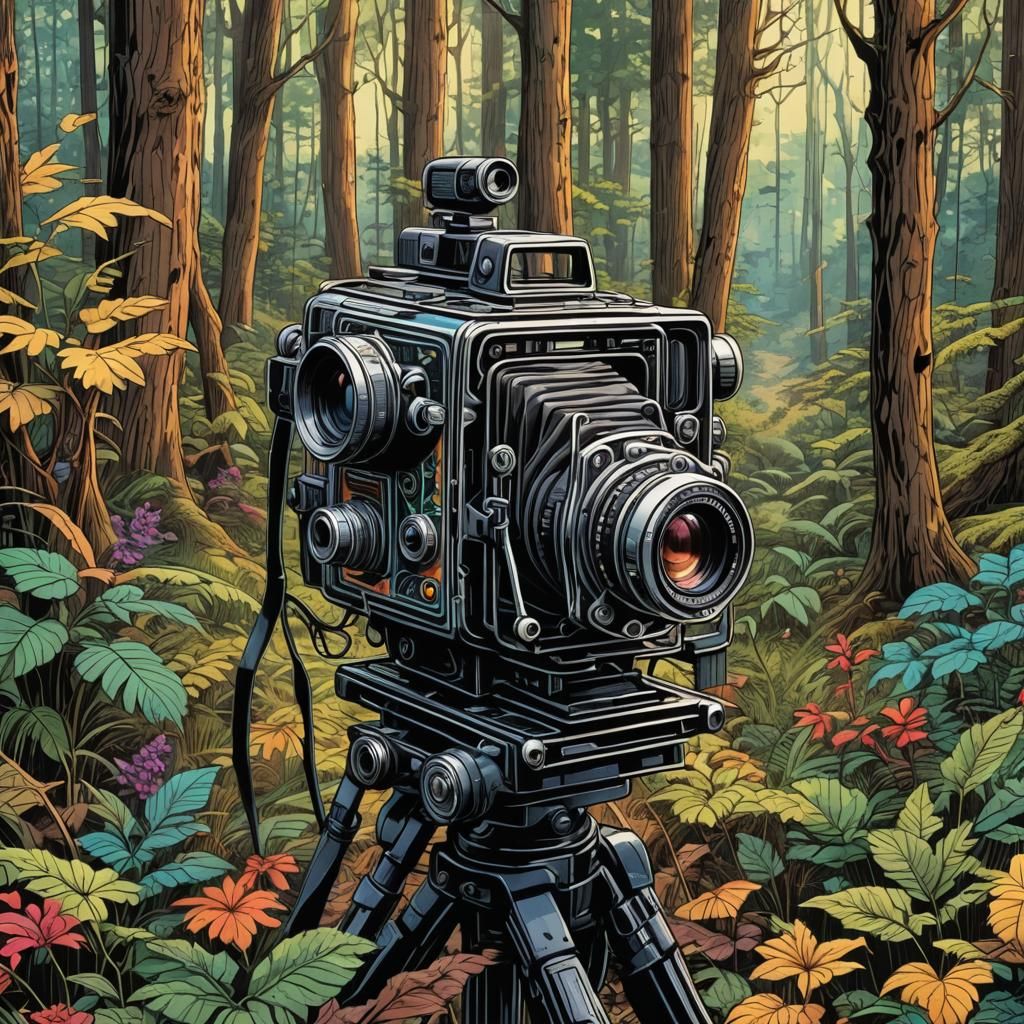Retro Video Camera in Comic Book Forest