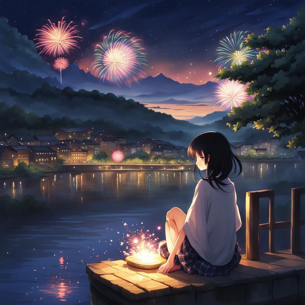 Anime Girl Watching Fireworks Over River
