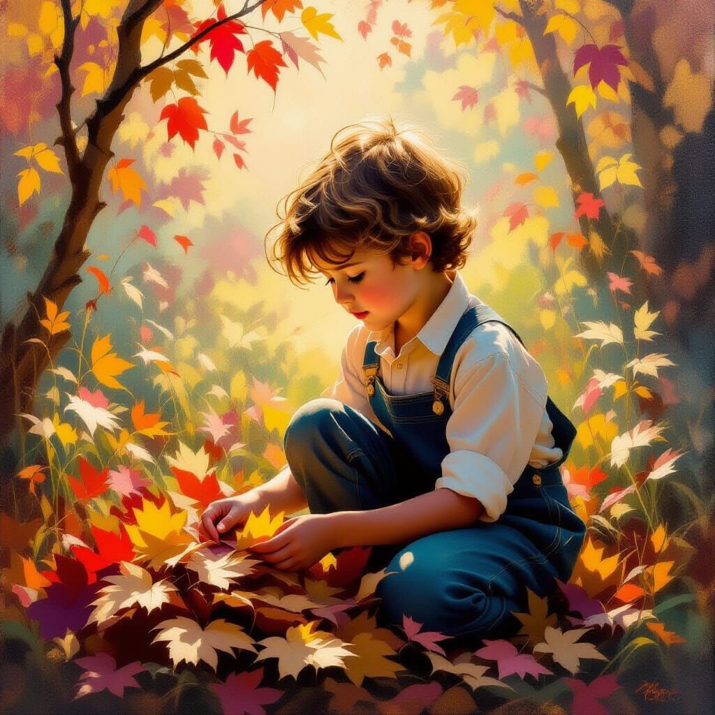 Boy Gathering Leaves in Luminous Metamodern Style