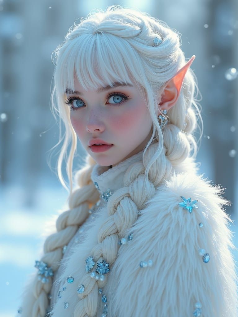 Albino Ice Queen Elf with Braided Hair and Fur Coat