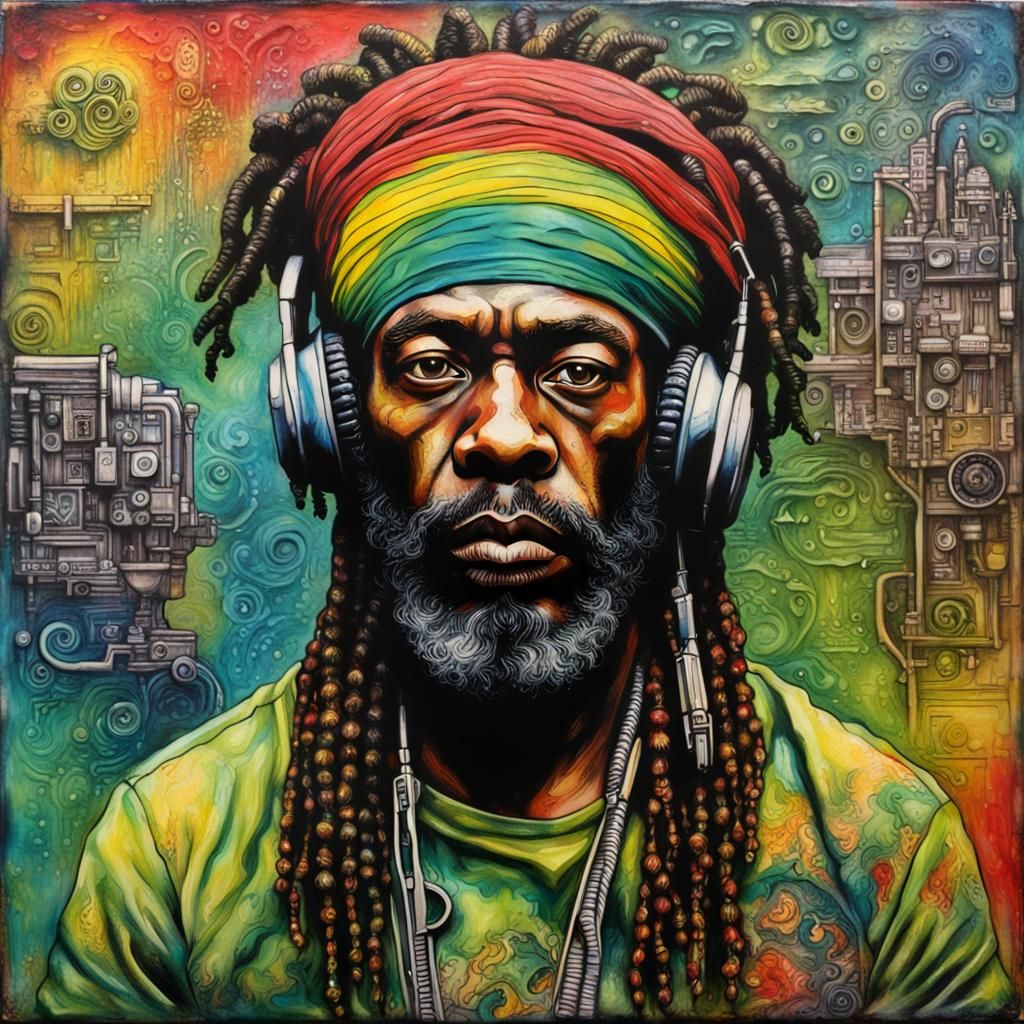 Cyberpunk Reggae Portrait: Fantastical Jamaican Islander