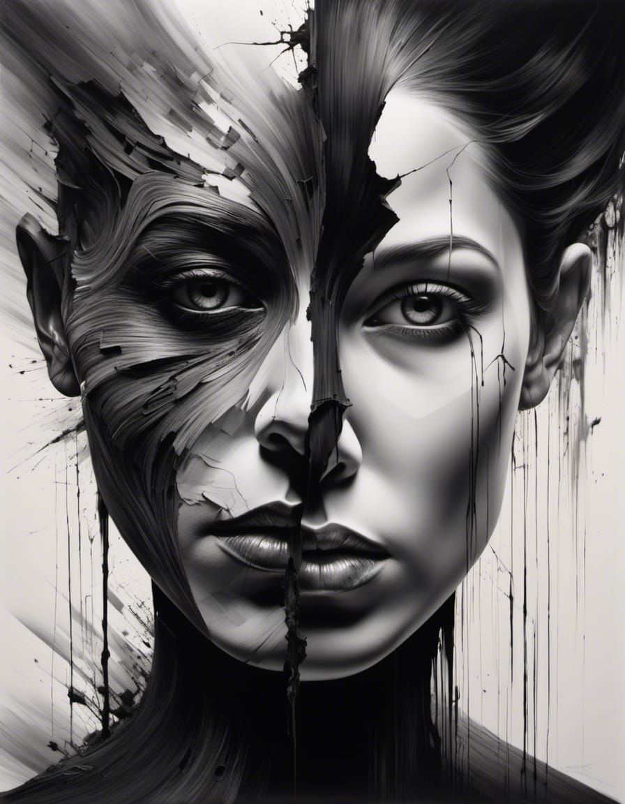 Dual Face: Woman and Man in Detailed Splash Art