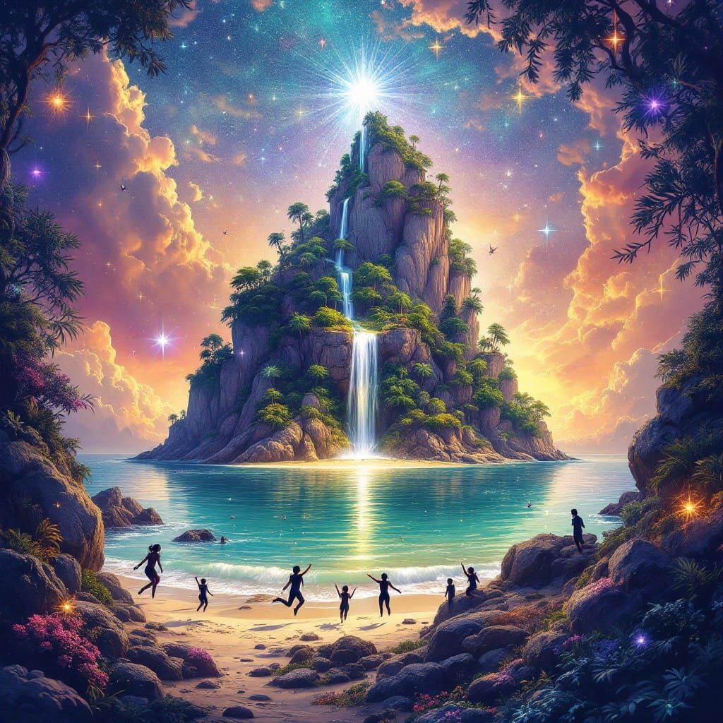 Vibrant Cosmic Island in Cozy Christmas House Scene