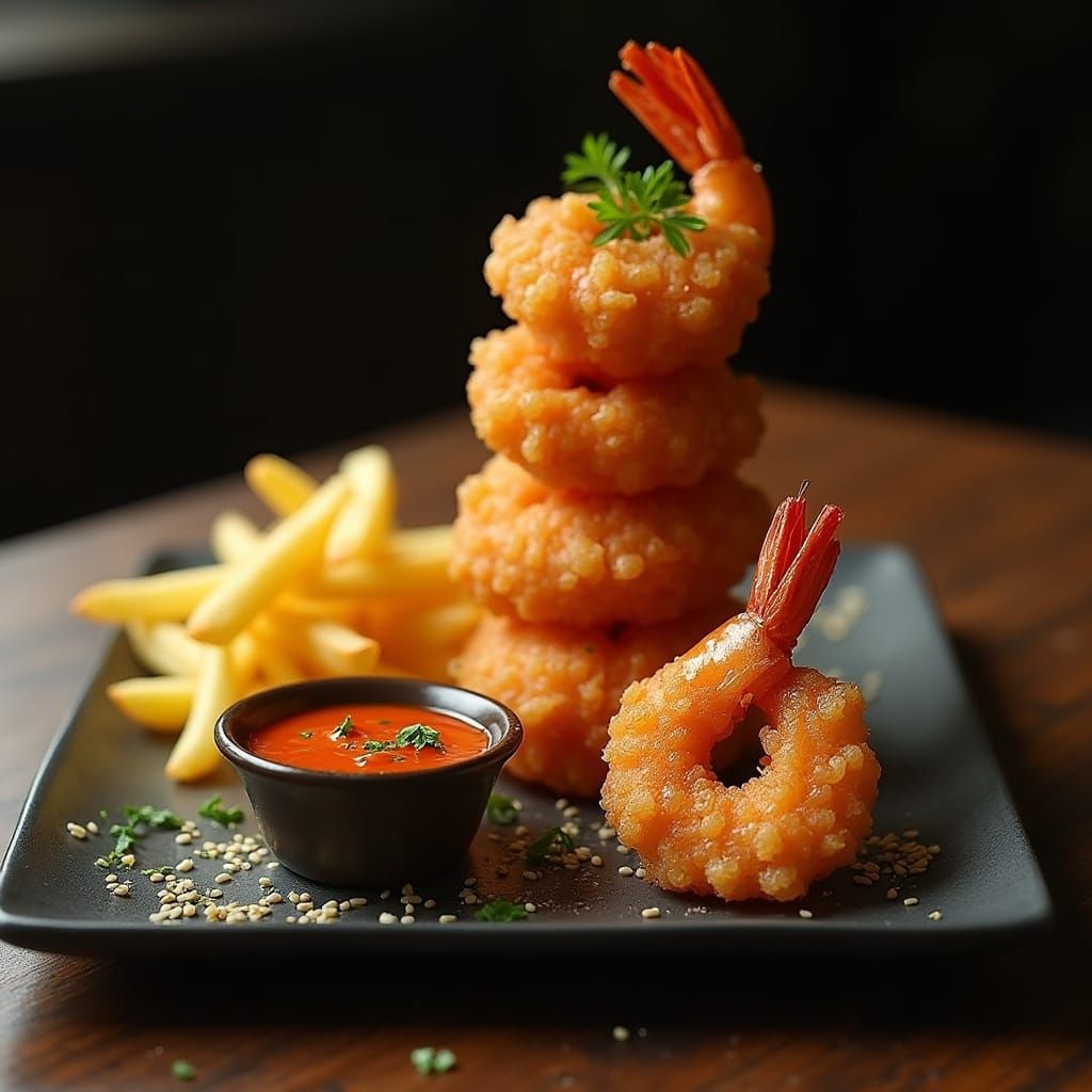 Gourmet Fried Jumbo Shrimp with Crispy Fries in Luxurious Re...