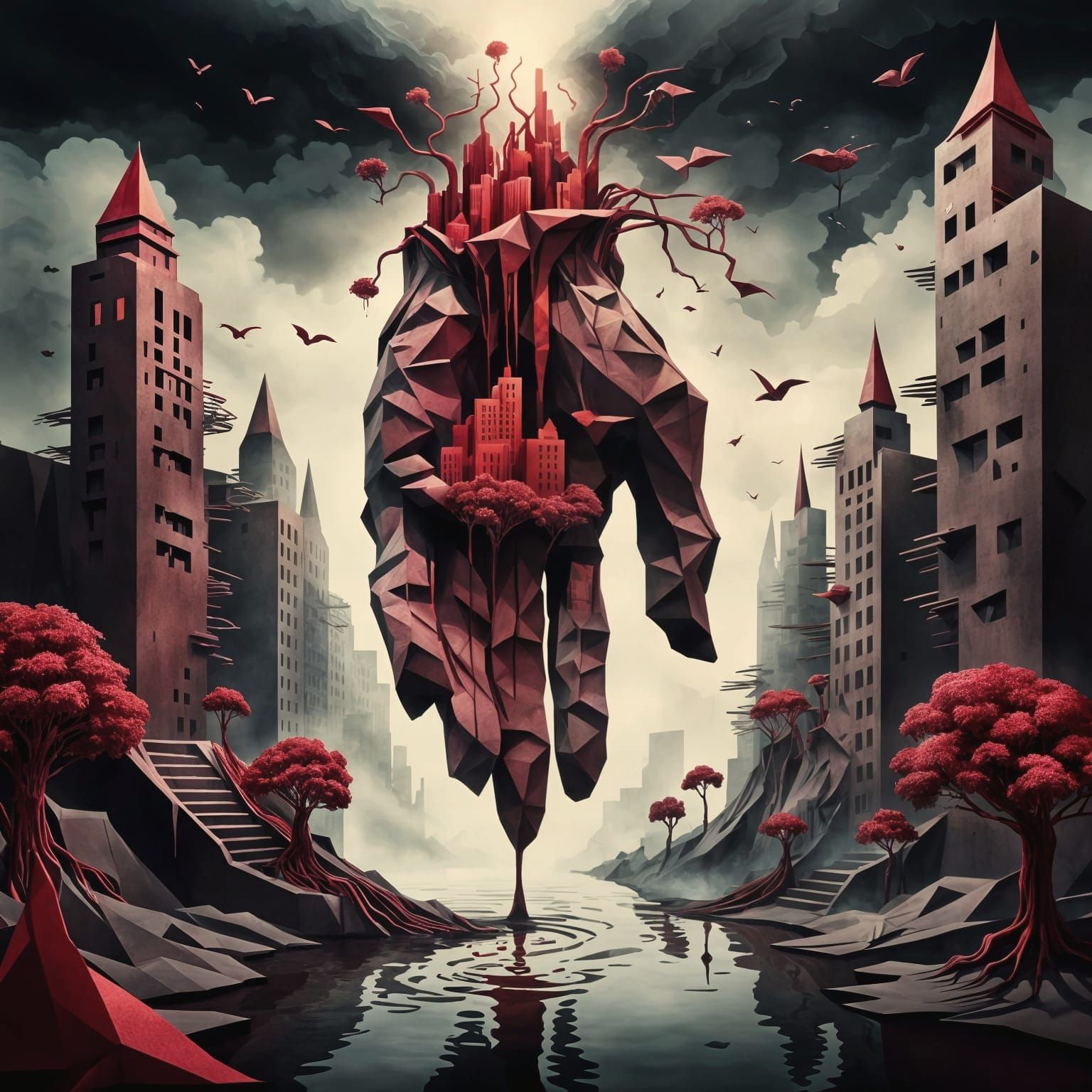 Surreal Floating City Dreamscape in Papercraft Style