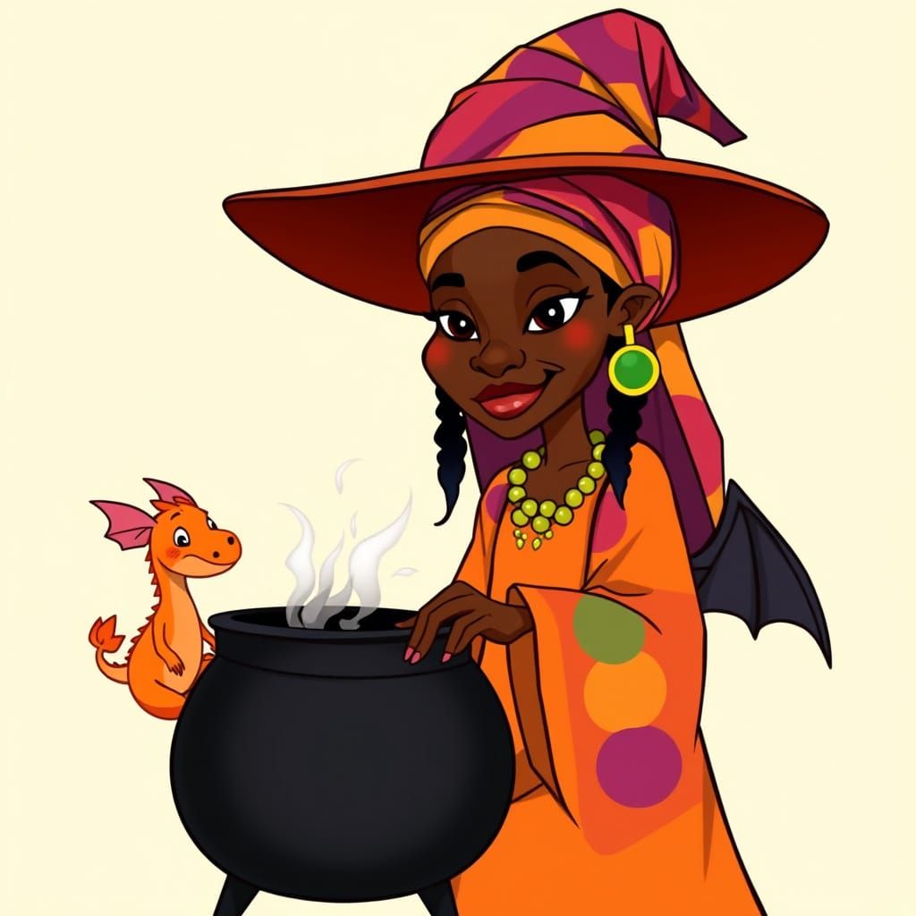 African Witch and Dragon Familiar in Cartoon Style
