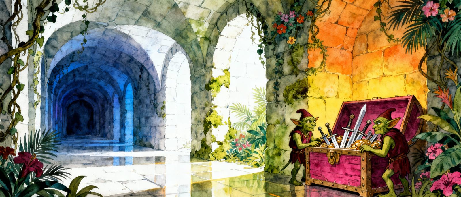 Mysterious Dungeon Passageway with Goblins and Treasure