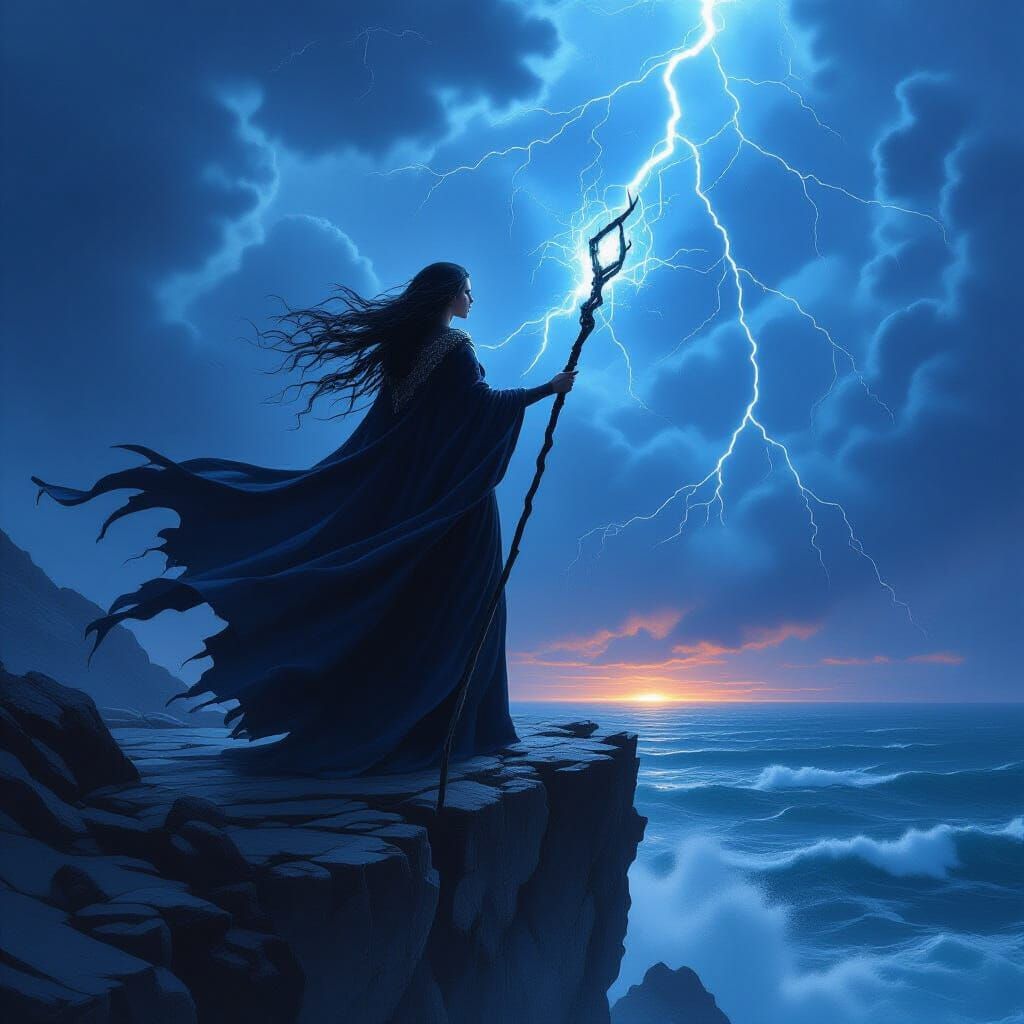 Enchantress Commands Storm on Cliffside in Dramatic Fantasy ...
