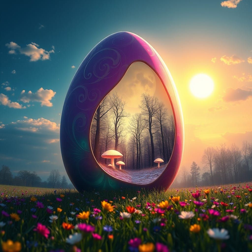 Ethereal Egg in Vibrant Meadow, Winter Wonderland Inside