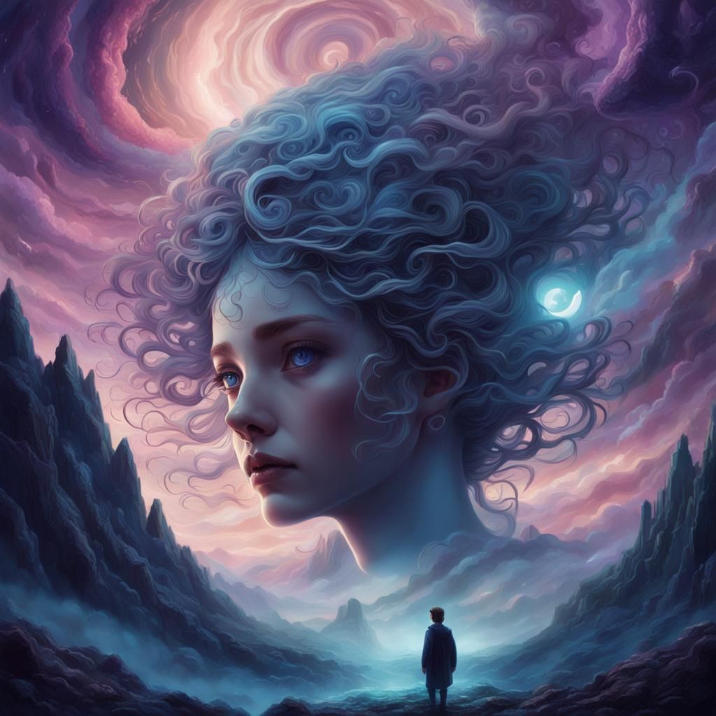 Dreamy Face in Ethereal Night Sky