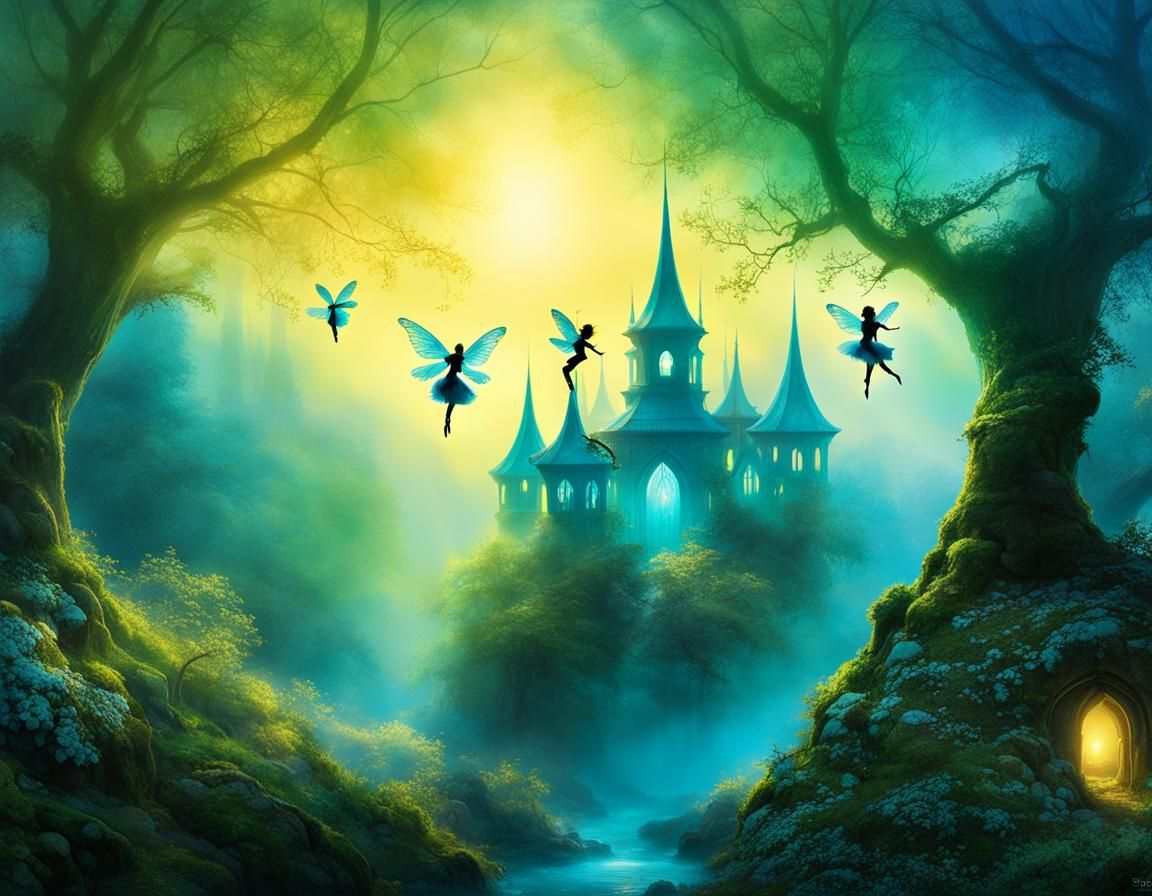 Fairies Dancing in Misty Forest, Thomas Kinkade Style